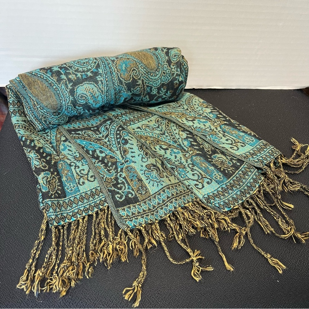 Pashmina 100% Cashmere blue Paisley scarf wrap with fringe 28” x 77”